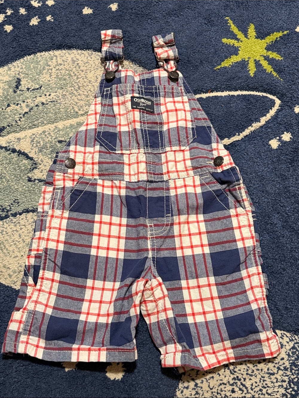 OshKosh B'gosh Navy, Red and White Plaid Short Overalls